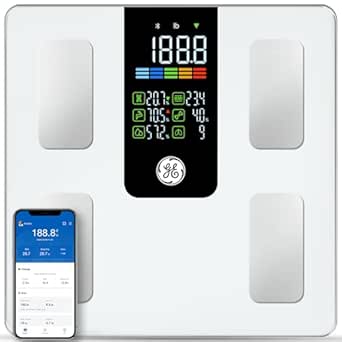 GE Scale for Body Weight Smart: Digital Bathroom Body Fat Scales for BMI Muscle Bluetooth Body Composition Monitor 11.8" Large Platform Accurate Weighing Machine Health Analyzer with App 500lbs, White