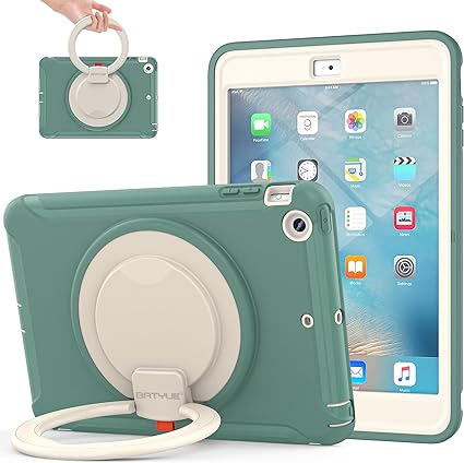 BATYUE iPad Mini Case for iPad Mini 1/2/3 Generation Heavy Duty Three Layer Hybrid TPU PC Full-Body Rugged Protective Case with Handle Grip/360° Rotating Stand for Kids Girls Boys - EmeraldGreen