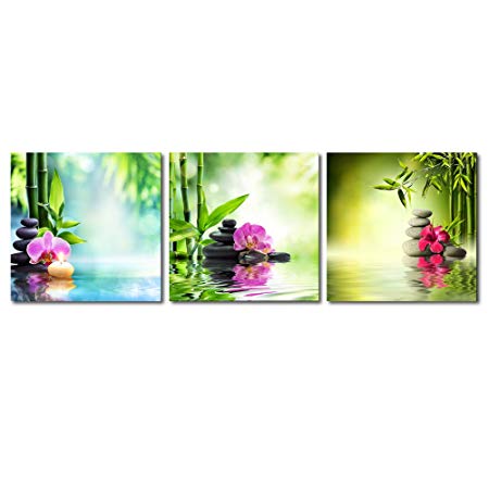 Pyradecor 3 Piece Spa Zen Stone Giclee Canvas Prints Wall Art Paintings Pictures for Living Room Bedroom Home Office Decor Modern Stretched and Framed Green Bamboo Pink Flowers Romance Artwork