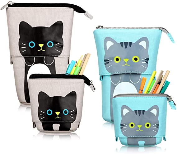 2 Pieces Transformer Stand Store Pencil Holder Canvas PU Cartoon Cute Telescopic Pencil Organizer Cosmetic Makeup Bag Stationery Pen Case Box with Zipper (Black and Gray Cat)