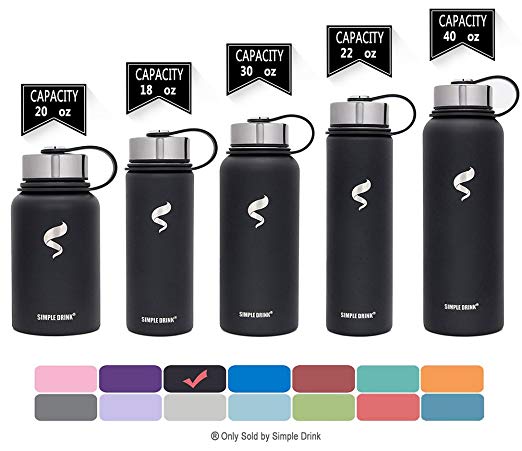 Simple Drink Stainless Steel Insulated Water Bottle - Cold 24 Hrs & Hot 12 Hrs | Reusable Wide Mouth Metal Thermos Flask with Portable Strong Cap for Sports Travel, 100% Leak Proof