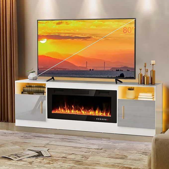 Lemberi Fireplace tv Stand with 36 inch Fireplace Up to 80" TVs,LED Light Entertainment Center and Storage, 70" Modern Wood Media TV Console with Highlight Cabinet for Living Room (White)