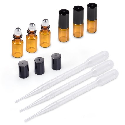 3ml Amber Glass Roller Bottles Sample Vial for Fragrance Essential Oil Blends,Perfume Bottle,Aromatherapy,Facial Serum,6 Pack,with 3 Pack 3ml Plastic Transfer Pipettes-Perfect Size for Travel