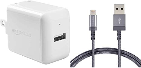 AmazonBasics One-Port USB Wall Charger for Phone, iPad, and Tablet, 2.4 Amp, White Bundle with AmazonBasics Nylon Braided Lightning to USB A Cable, MFi Certified iPhone Charger, Dark Grey, 3-Foot