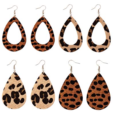 Leather Earrings Lightweight Faux Leather Leaf Earrings Teardrop Dangle Handmade Floral Leopard Print for Women Girls 4 Pairs …