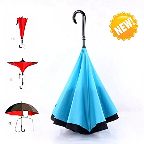 Umbrella, Travel Umbrella Strong Waterproof/Uv protection, Sunny or rainy amphibious, J shape handle Double Layer Inverted Umbrella