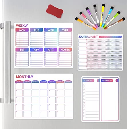 MoKo Dry Erase Calendar Kit, 4 Pack Magnetic Family Planner, Magnetic Calendar for Refrigerator, Monthly Weekly Meal Planner & Journal Tracker with 8 Markers & 1 Eraser, White