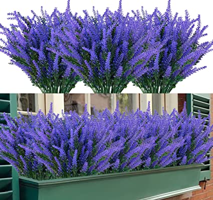 TEMCHY Artificial Outdoor Lavender Flowers 12 Bundles No Fade UV Resistant Fake Plastic Flowers Faux Plants for Garden Porch Window Box Wedding Indoor Home Décor (Purple)