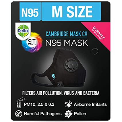 Dettol Cambridge N95 Mask for Protection from Virus, Bacteria, Pollution – Reusable, Washable, with Breathing Valve (Black, Medium)