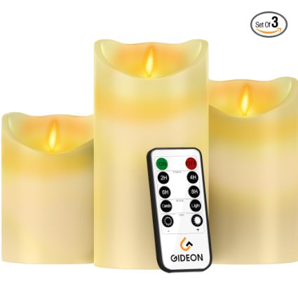 Gideon™ Set of 3 Flameless LED Candles (4 inch, 5 inch, 6 inch) - Real Wax & Real Flickering Candle Motion - with Multi-Function Remote (On/Off, Timer, Dimmer) - Vanilla Scented, Ivory