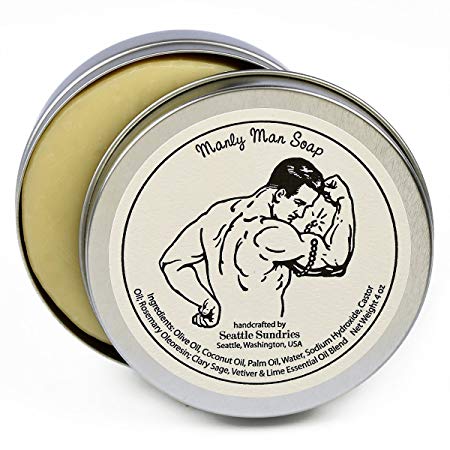 Manly Man Soap-100% Natural Skin Care Bar. Scented with Essential Oils. One 4 oz Bar in a Handy Travel Gift Tin. Great For Men, Guys, Workout, Muscle, Exercise Lovers.