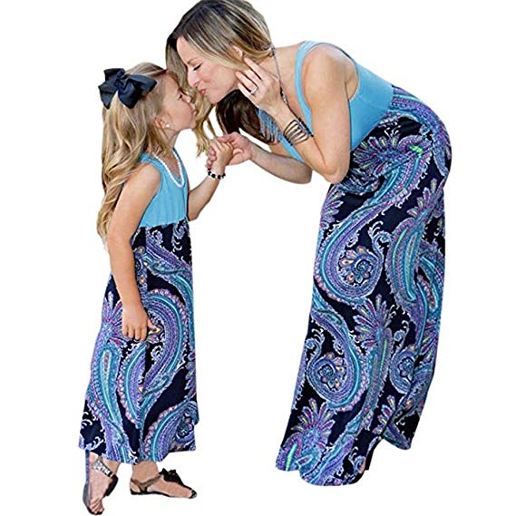 Helisopus Mommy and Me Summer Matching Maxi Dresses,Sleeveless Bohemia Floral Printed Matching Beach Outfits