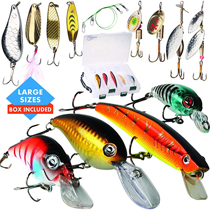 Top Fishin Fishing Hard Lures Set with Box-Various ABS Plastic Crankbaits Minnow and Metal Spinners Spoons with Tackle Box for Freshwater and Saltwater Ideal for Bass Trout Walleye Pike Perch Salmon