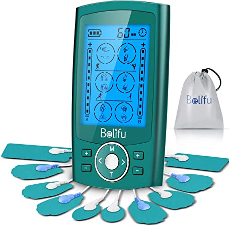 Belifu Dual Channel TENS EMS Unit 24 Modes Muscle Stimulator for Pain Relief Therapy, Electronic Pulse Massager Muscle Massager with 10 Pads, Fastening Cable Ties(Green)