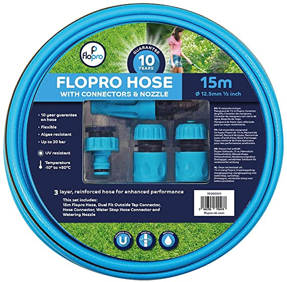 Flopro Garden Hose Pipe with Connectors and Nozzle, 15 m (49 ft)