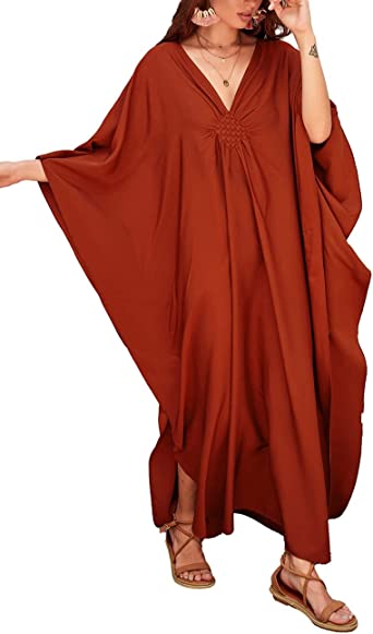 Bsubseach Women Solid Color Cover Up V Neck Batwing Sleeve Plus Size Beach Kaftan Dresses