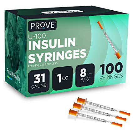 Prove Insulin Syringes, 31 Gauge 1cc 8mm 5/16’’- 100 Count | 100ct Single-use Insulin Syringe with Needle