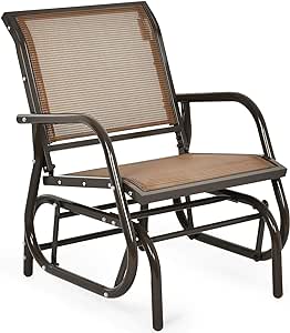 Giantex Swing Glider Chair W/Study Metal Frame Comfortable Patio Chair Love-Seat for Garden, Porch, Backyard, Poolside, Lawn Outdoor Rocking Chair (1, Brown)