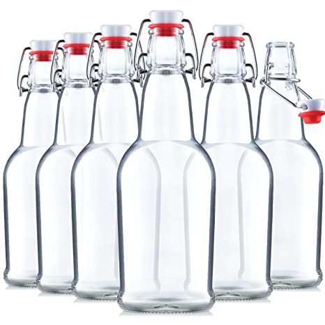 Glass Swing Top Beer Bottles - 16 Ounce (6 Pack) Grolsch Bottles, with Flip-top Airtight Lid, for Carbonated Drinks, Kombucha, 2nd Fermentation, Water Kefir, Clear Brewing Bottle.