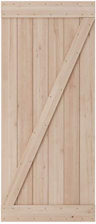 SmartStandard 36in x 84in Sliding Barn Wood Door Pre-Drilled Ready to Assemble, DIY Unfinished Solid Hemlock Wood Panelled Slab, Interior Single Door, Natural, Frameless Z-Shape (Fit 6FT -6.6FT Rail)