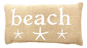 "BEACH" French Country Burlap Accent Pillow - White Print with Starfish - 6-in x 12-in