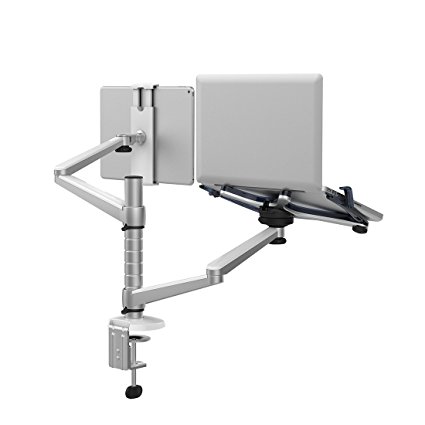 Adjustable Aluminium Universal Laptop Notebook & Tablet Stand Desk Mount Bracket Clamp Tilt Swivel Dual Arm Support Holder (Laptop & Tablet)