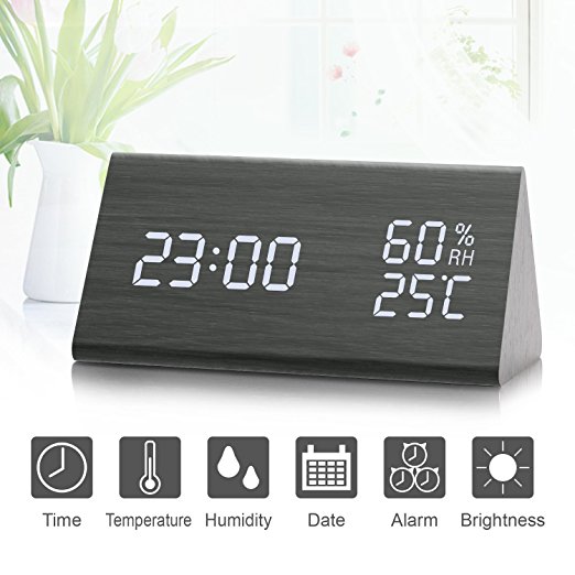 Digital Alarm Clock, Wooden LED Alarm Clock with Triple Alarms, 3 Levels Brightness Dimmer, Big Digit Display Date, Temperature and Humidity for Home Bedrooms