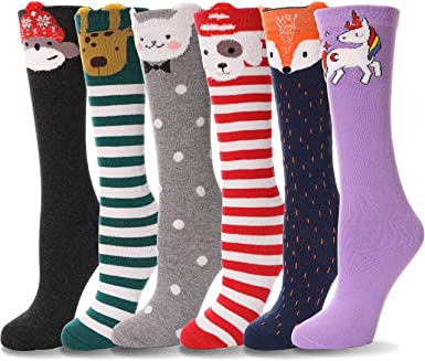 Girls Knee High Socks Cute Animal Pattern Soft Novelty Cotton Socks For Kid Child 6 Pairs