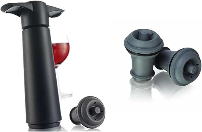 Vacu Vin Wine Pump Count, Black 1 Stopper & Vacu Vin Wine Saver Vacuum Stoppers Set of 2 – Grey