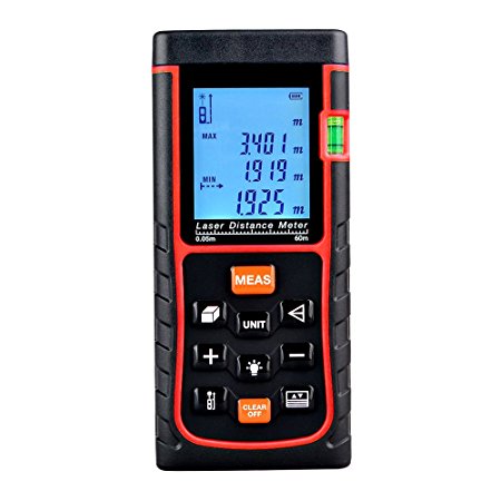 ieGeek 60m (196 Feet) Portable Laser Distance Measurer with Distance & Angle Measurement , Area & Volume Calculation; Range Finder with Min/in/ft, Tape Measure 0.05 to 60m(60M)