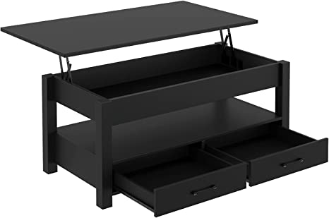 Rolanstar Coffee Table, Lift Top Coffee Table with Drawers and Hidden Compartment, Retro Central Table with Wooden Lift Tabletop, for Living Room,Black