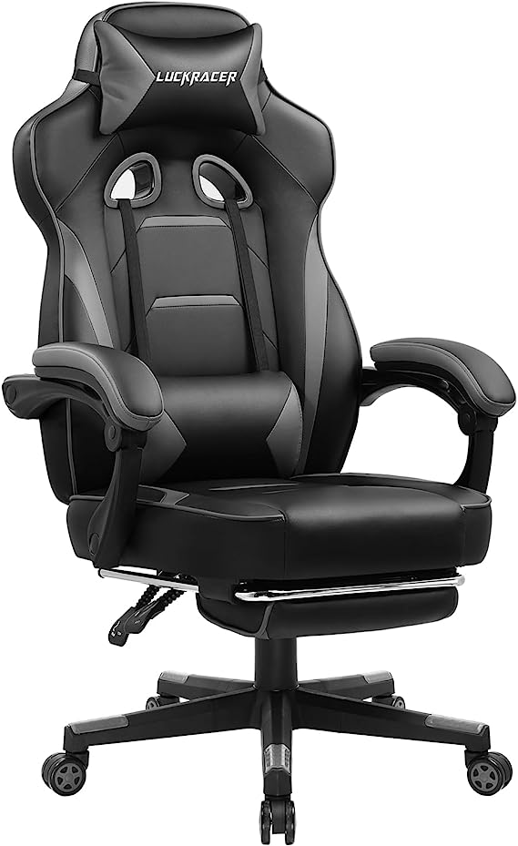 LUCKRACER Gaming Chair with Footrest Office Desk Chair Ergonomic Gaming Chair PU Leather High Back Adjustable Swivel Lumbar Support Racing Style E-Sports Gamer Chairs Gray