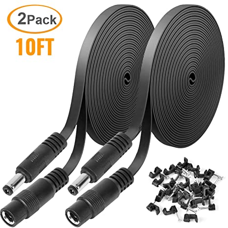 2 Pack DC Power Extension Cable 10ft 2.1mm x 5.5mm Compatible with 12V DC Adapter Cord for CCTV IP Camera, LED, Car, Black