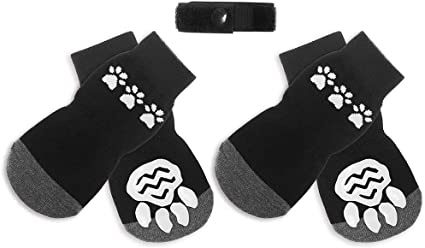 BINGPET Non-Slip Paw Pattern Dog Socks - Pet Paw Protectors with Grips Black Gray Socks for Hardwood Floors Medium