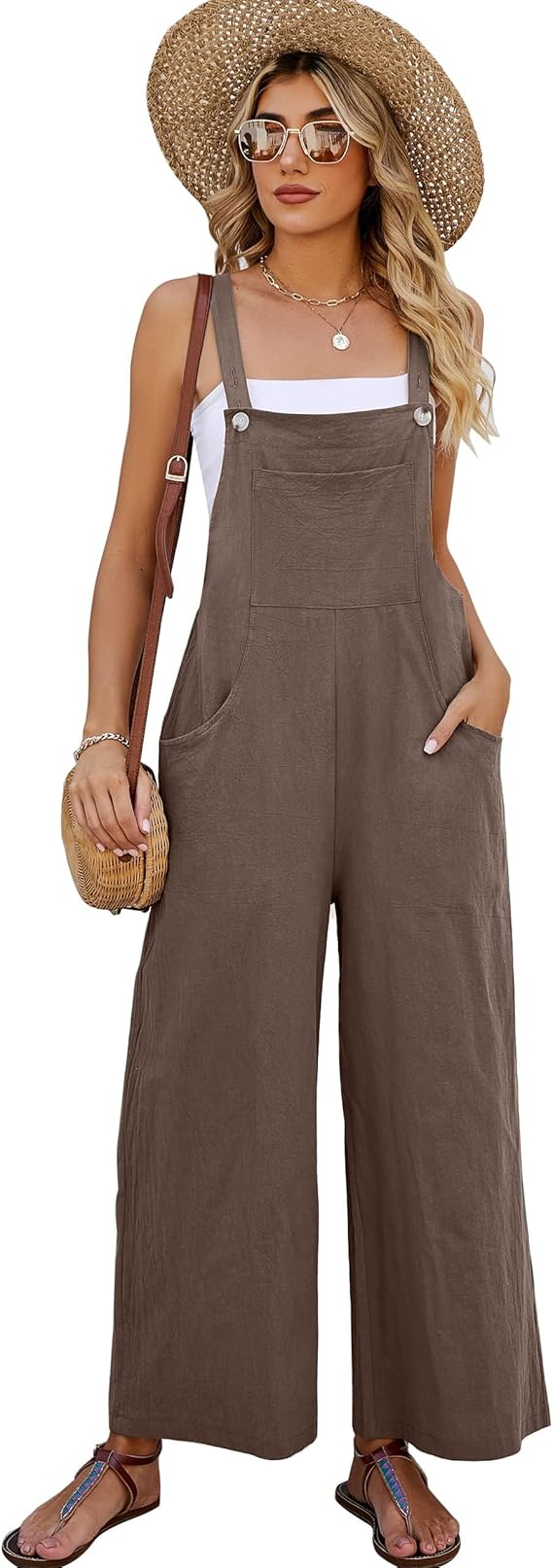 COZYPOIN Women's Cotton Bib Overalls Wide Leg Loose Fit Jumpsuit Baggy Fashion Sleeveless Rompers