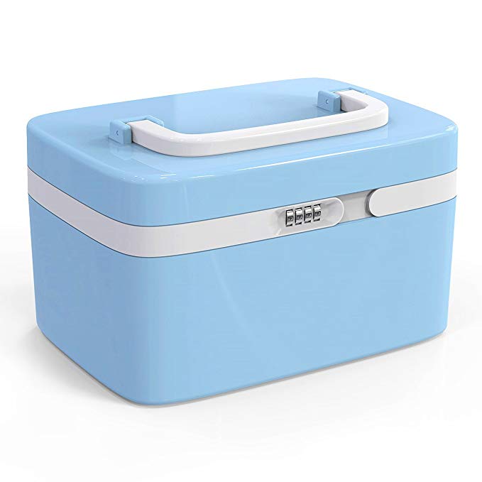Locking Medicine Box, EVERTOP Household First Aid Kit Multifunctional Storage Box with Separate Compartments,Locking Prescription Pill Case,Child Proof Storage Box (Cyan)