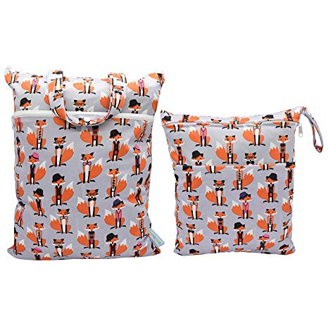 Baby Wet/Dry Bag Splice Cloth Diaper Waterproof Bags Large and Small Size with Zipper Snap Handle Pack of 2 (Foxes)