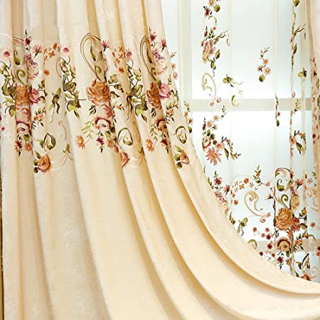 KMSG 65% Blackout Curtains Grommet Top Elegance Embroidered Flower Window Covers Curtain Drape Panels for Living Room/Bedroom Heavy Room Darkening Rustic Window Treatment 1 Panel W52 x L96 inch