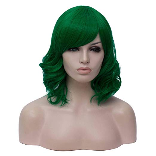 BERON 14" Women Short Wavy Wig with Side Bangs Synthetic Party Cosplay Halloween Wig (Green)