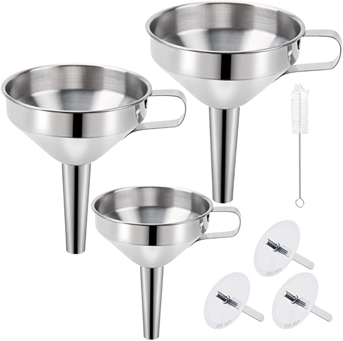 IEBIYO Funnel Set,3 Pcs Food Grade Stainless Steel Funnel Set With Cleaning Brush For Transferring Liquid, Powder, Juices, Spices, Olive Oil, Hot Liquids