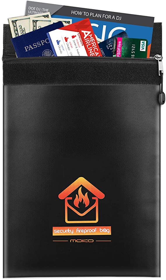 MoKo Fireproof Money & Document Bag, Fire & Water Resistant Envelope Holder, Protect Your Valuables, Documents, Cash, Jewelry, Zipper Closure for Maximum Protection - Black