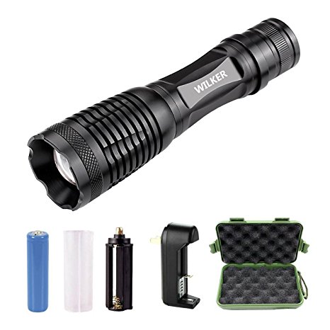 Wilker Brightest 1000 Lumen XML-T6 Tactical LED Flashlight with 5 Light Mode, Zoomable Focus, Water Resistant ,Rechargeable 18650 battery and Charger, Professional Portable Handheld Flashlight