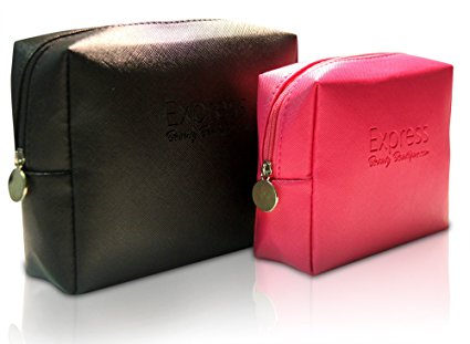 Makeup Bag 2pcs Large Black and Small Pink Cosmetic Bag Case, Toiletry Pouch, Jewelry Organizer Purse perfect for Brush Holder Make Up Tools Travel, Vacation, School. Get your Best Beauty Gift! Cyber