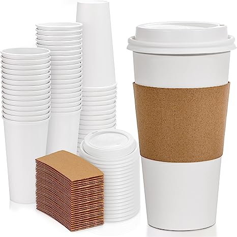 [50 Pack] White Coffee Cups with White Dome Lids and Brown Sleeves - 20oz Disposable Paper Coffee Cups - To Go Cups for Hot Chocolate, Tea, and Other Drinks - Ideal for Cafes, Bistros, and Businesses