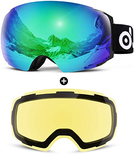 Odoland Ski Snowboard Snow Goggles, Anti-Fog UV400 Protection Snow Sports Goggles with Magnetic Interchangeable Lens and Large Spherical Frameless for Men & Women Skiing Skating