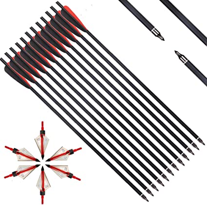 IRQ 20 Inch Carbon Crossbow Bolt and Crossbow Broadheads Set, 12 Pcs Hunting Carbon Arrows for Crossbow with 3 Blade Broadheads 6 Pcs for Archery Practise Hunting Crossbow Arrows