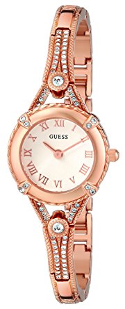 GUESS Women's U0135L3 Petite Rose Gold-Tone Watch with White Dial , Crystal-Accented Bezel and Stainless Steel G-Link Band