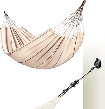 LA SIESTA® Modesta Organic Cotton Hammock & WallMount, Hammock Suspension Kit for Walls Ceilings & Square Beams - Indoor Outdoor Hammock, Extra Large Hammock Bed 2 Person Hammock - King, Nougat