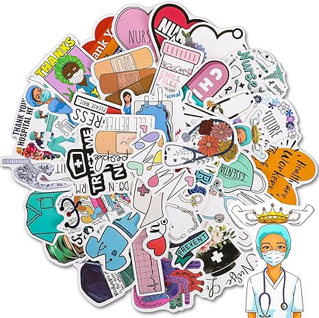 100 Pieces Nurses Day Stickers Small Hospital Vinyl Waterproof Stickers Waterproof Nurse Stickers Medical Laptop Decals Cartoon Vinyl Nursing Stickers Decals for Water Bottle Laptop Decoration