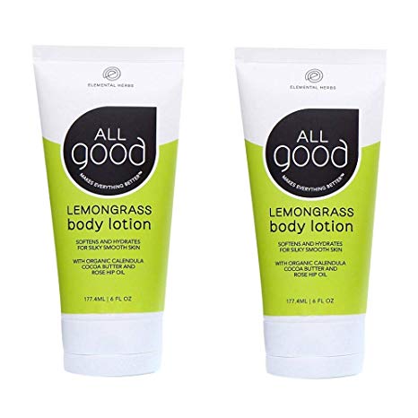 All Good Body Lotion w/Essential Oils - Moisturizing Organic Calendula, Cocoa Butter, Coconut & Rose Hip Oil - Non GMO - Vegan - 6 oz (Lemongrass)(2-Pack)